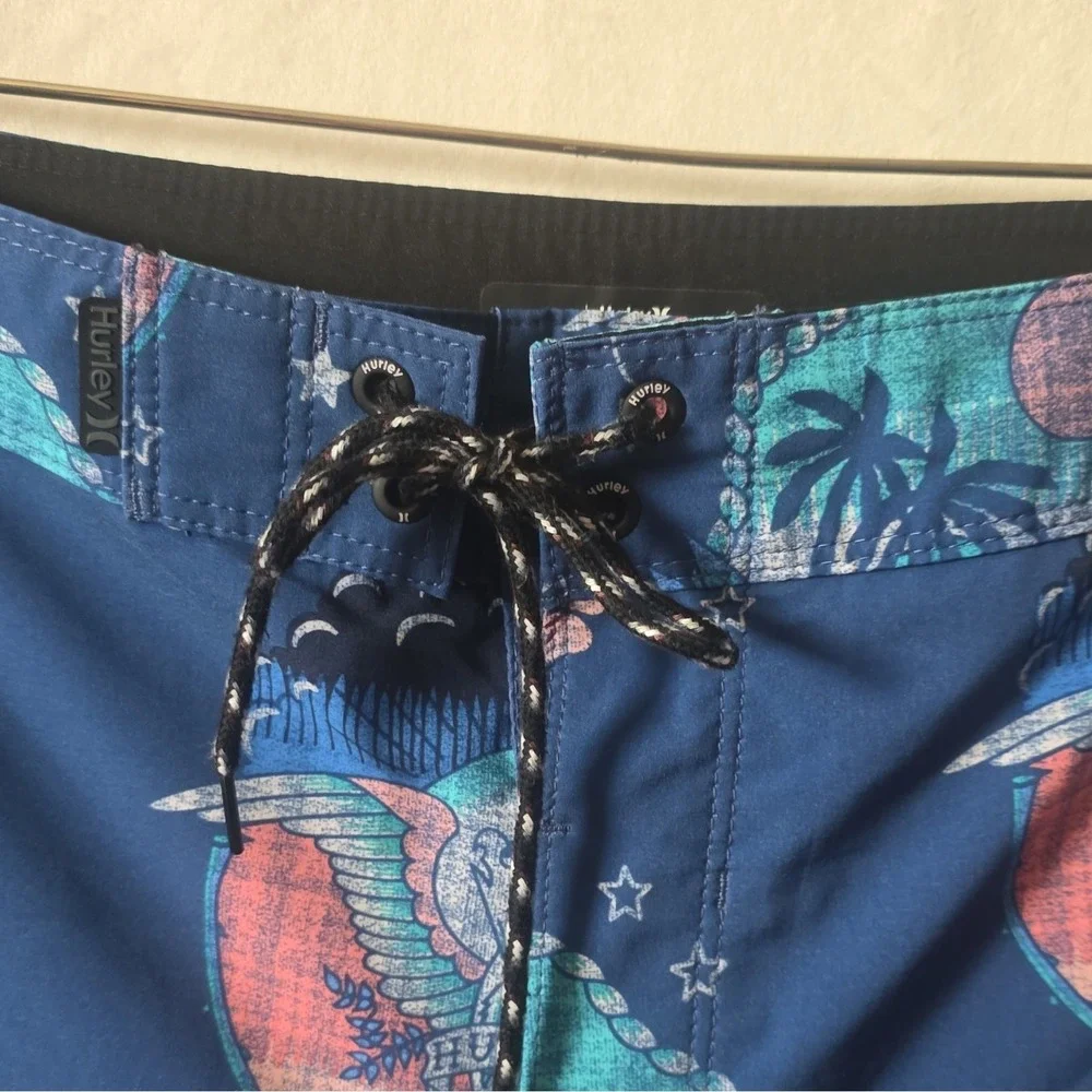 Hurley Men's Blue Tattoo Graphic Board Shorts Swim Size 32 Drawstring Pockets